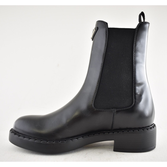 Prada Chocolate Brushed Leather Black Pull On Chelsea Ankle Mid Calf Boot 37.5 - Picture 13 of 16